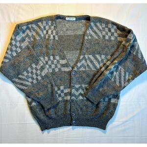 ☁️ Vintage Luc Saint Alban Abstract Knit Cardigan L Grey Monochrome Minimalist